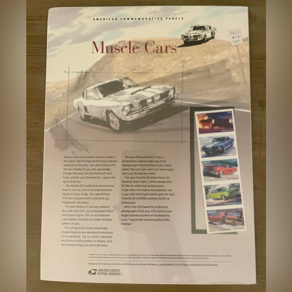 USPS Mint Commemorative Stamp Panel #913, Forever 2013 Muscle Cars 4743-7 SEALED